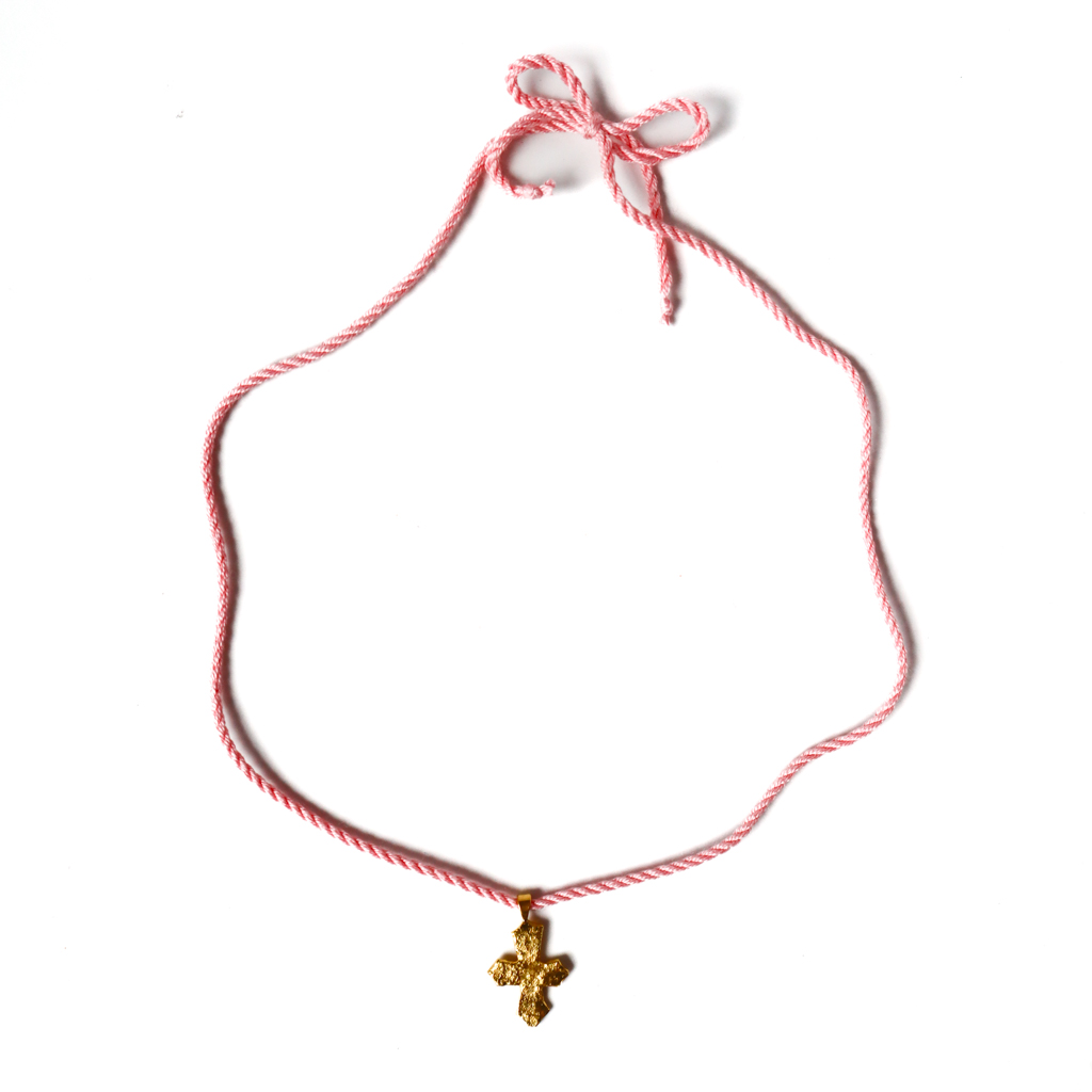 22k Organic Gold Cross Pink Silk Necklace by Nelly Creative Studios