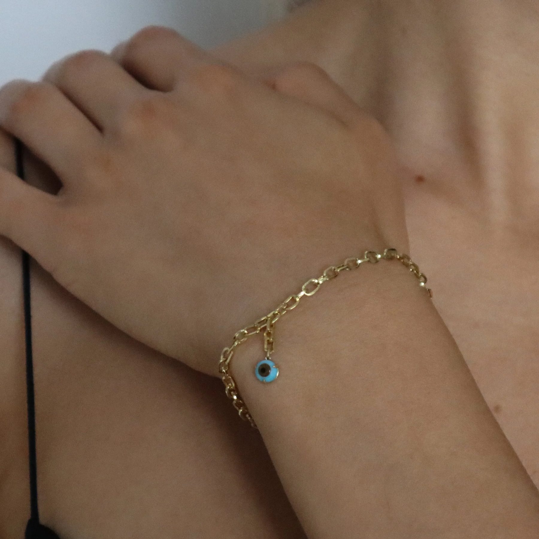 Gold Turquoise Evil Eye Square Link Bracelet in 18 karat yellow gold with Kazakhstan turquoise by Nelly Creative Studios