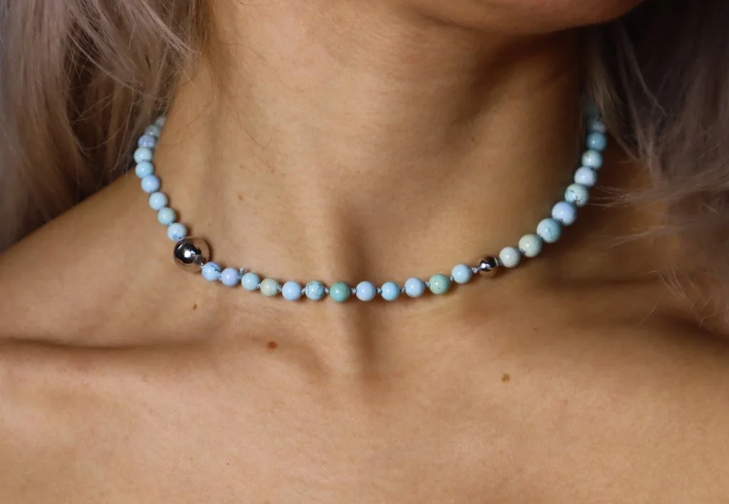 Kazakhstan Graduated Turquoise Platinum Necklace with natural Golden Hills turquoise handcrafted in NYC