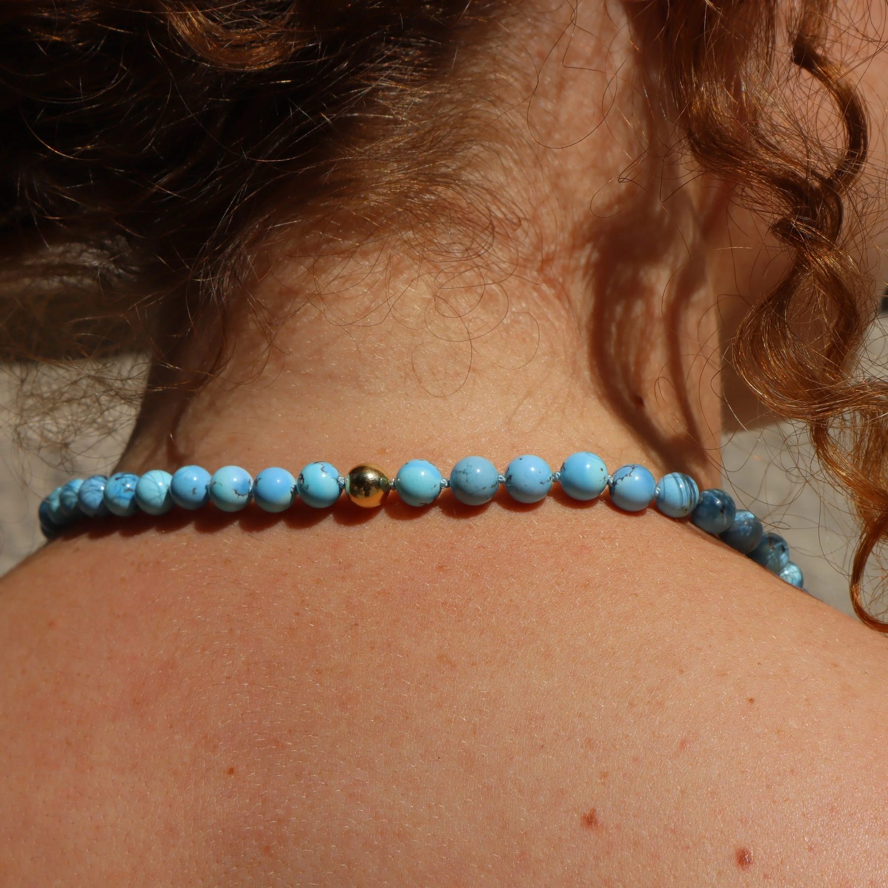 Kazakhstan Turquoise Bead Gold Screw Clasp Necklace with rare natural turquoise handcrafted in New York City