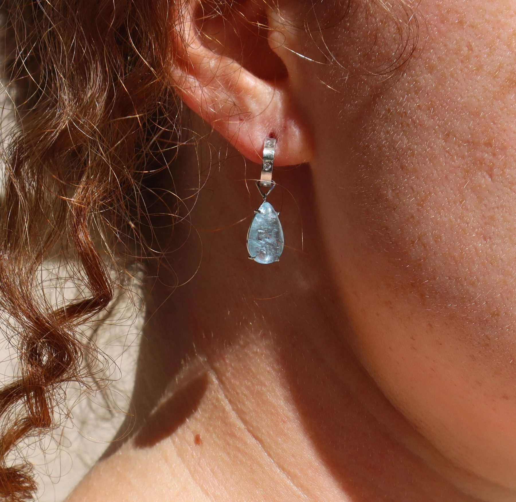 Natural Brazilian Aquamarine Diamond Platinum Huggie Earrings with untreated aquamarine handcrafted in New York City