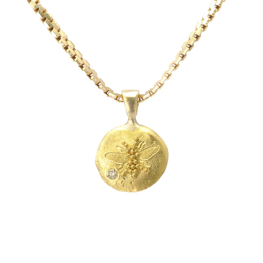 Gold Bee Necklace featuring Granulation and a Yellow Diamond