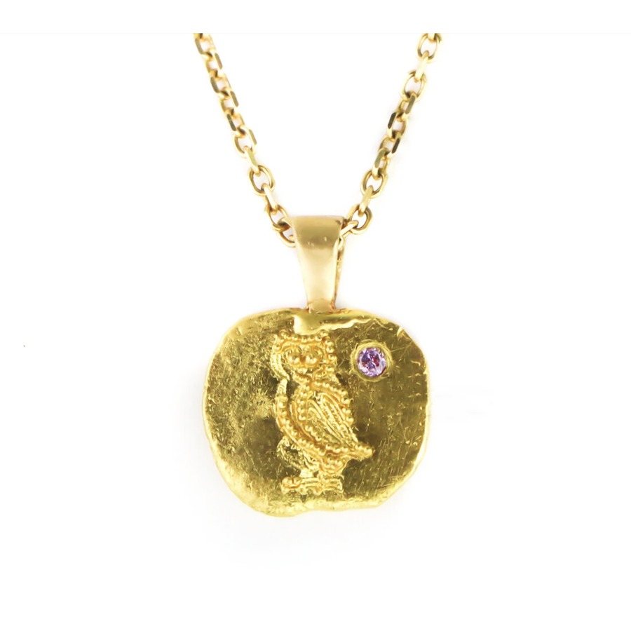 Gold Owl Necklace featuring Granulation and a Pink Diamond