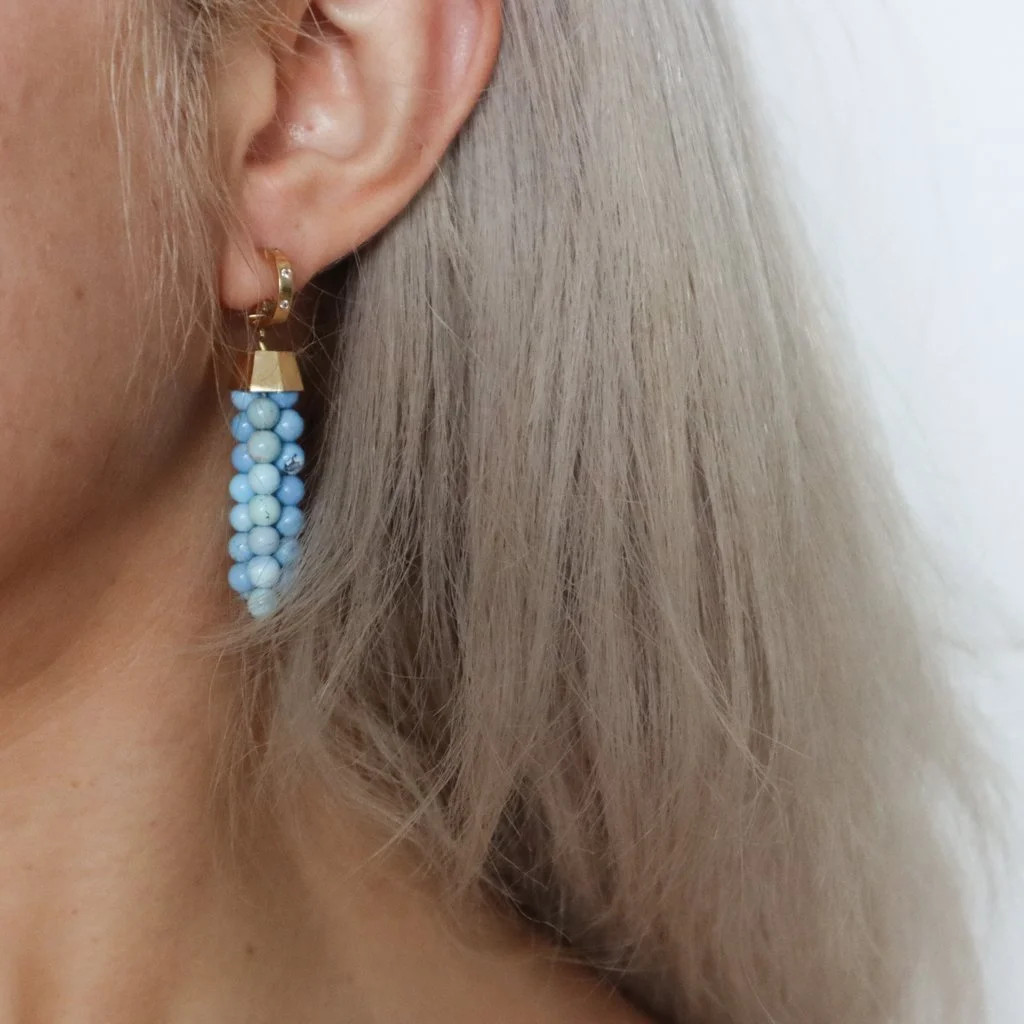 Kazakhstan Turquoise Gold Tassel Diamond Huggies