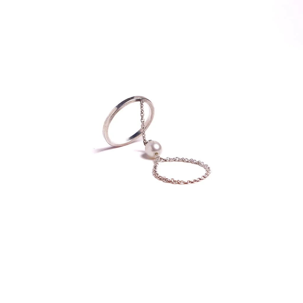 Tear Drop Pearl Chain Silver Ring